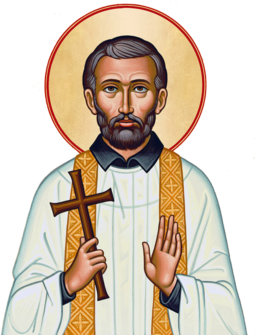 An image of St. Francis Xavier holding a wooden cross in his hand.